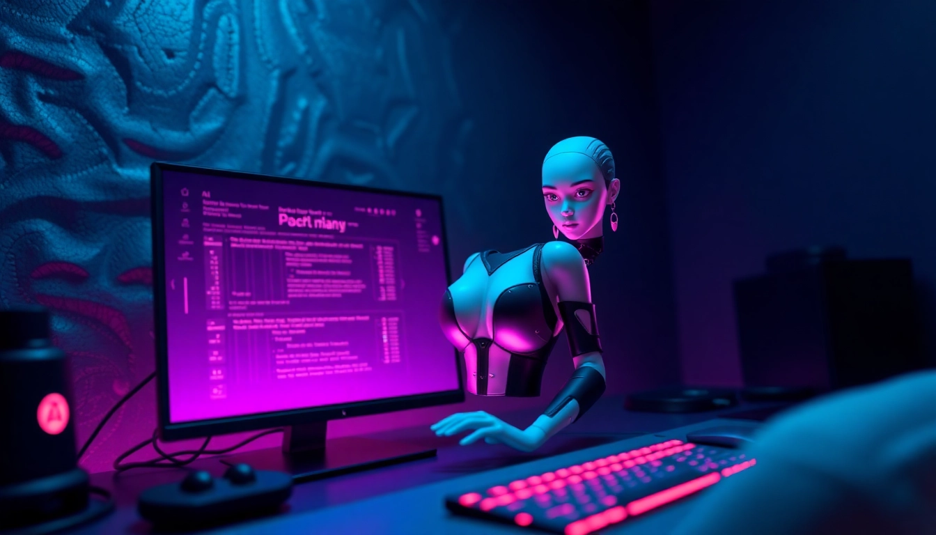 Futuristic AI adult chat interface with a seductive digital avatar on screen, glowing neon lights, and a dark textured background.