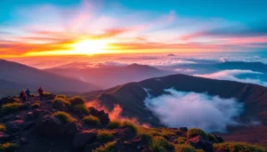Sunrise over Mount Rinjani with hikers on the crater rim, lush greenery, and volcanic terrain.