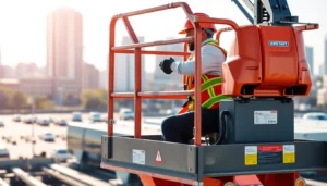 Aerial work platforms rental service featuring a worker operating a boom lift at height on a construction site, emphasizing safety and functionality for various projects.