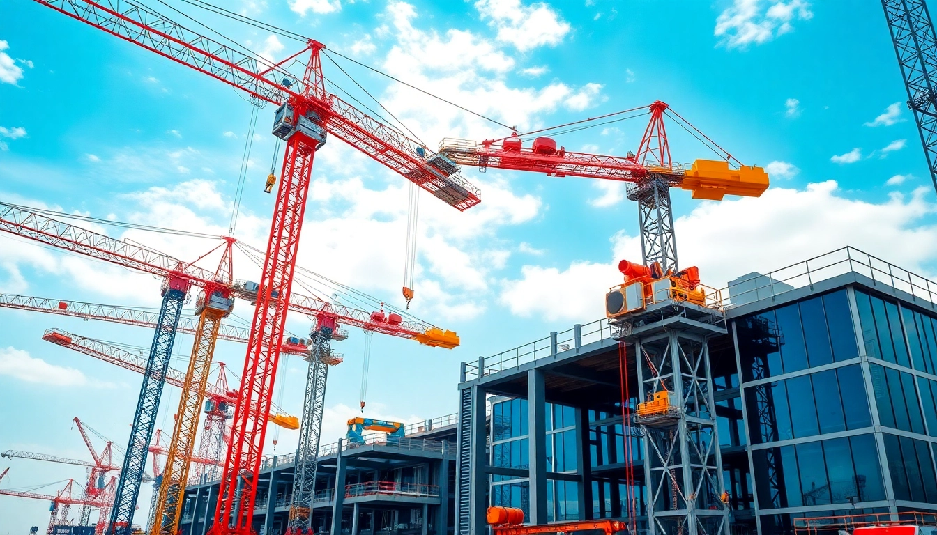 Crane rental services at a busy construction site with various cranes lifting heavy materials efficiently.
