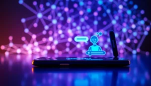 Futuristic AI chatbot interface on a modern device with a friendly avatar and glowing digital background.