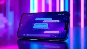 Futuristic digital chatbot interface on a neon-lit device screen with cyberpunk aesthetics.
