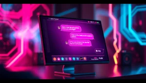 Futuristic AI chatbot interface with colorful, glowing chat bubbles in a high-tech setting