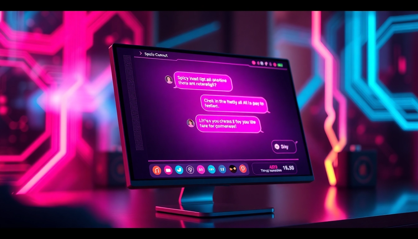Futuristic AI chatbot interface with colorful, glowing chat bubbles in a high-tech setting