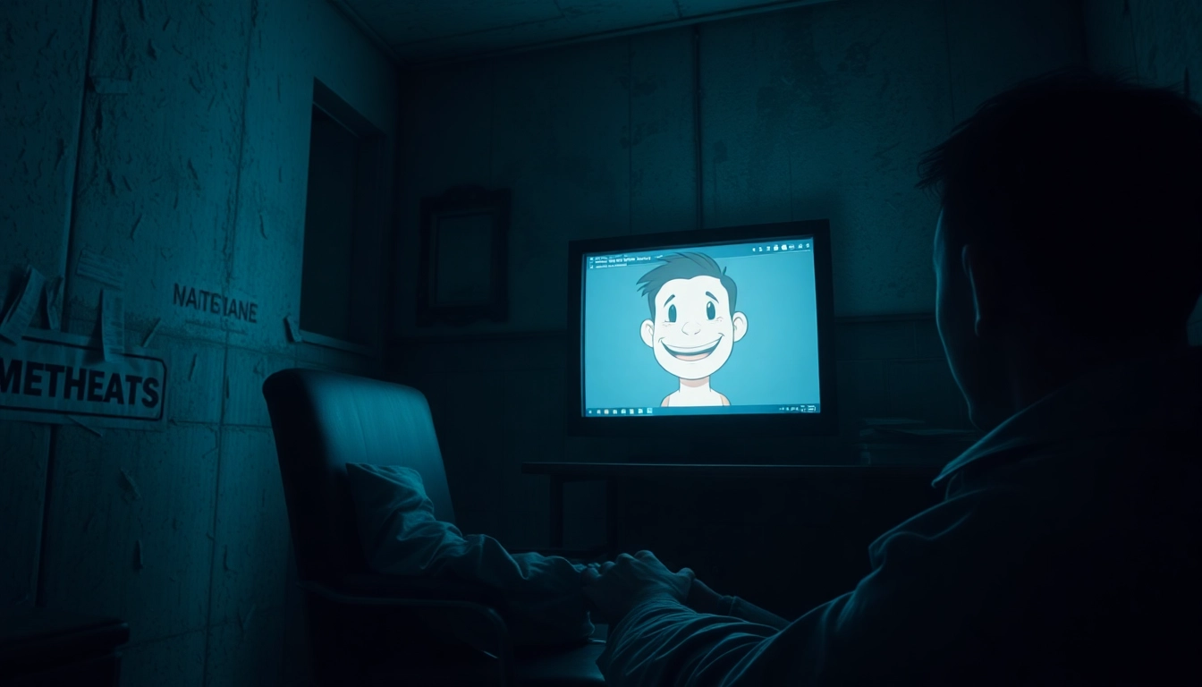 A distressed man playing a psychological horror game on his computer, with Harvey on the screen showing signs of pain and suffering, in a gritty, shadowy room.