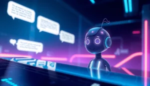 Futuristic digital chat environment with AI avatars and neon accents