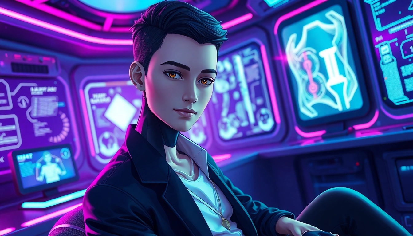 Futuristic AI avatar in a high-tech environment with neon lighting and holographic interfaces.