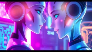 Anime-style digital illustration of two AI characters in an intimate, futuristic setting with neon lighting and holographic interfaces.
