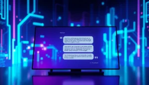 Futuristic AI chatbot interface with neon lights and holographic data streams