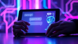 A user interacting with an animated AI character on a modern device with glowing neon accents and a tech-inspired background.