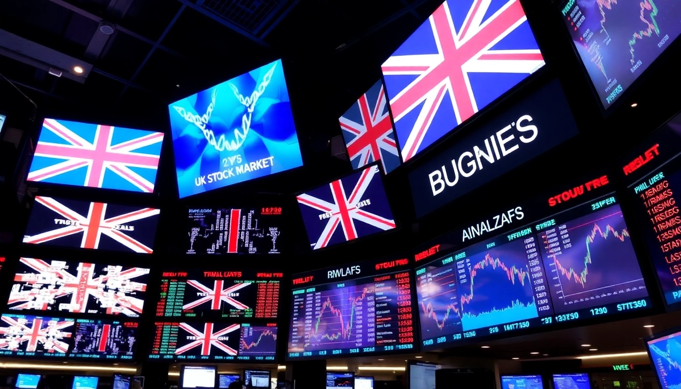 Financial analyst reviewing UK Stock Market News on multiple screens in a busy trading environment